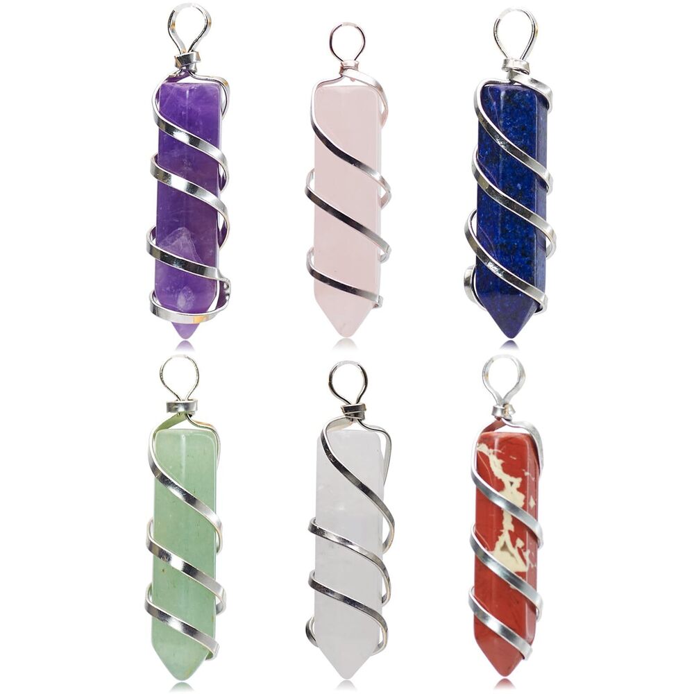 3098 6 Pieces Natural Quartz Crystals Stone Pendant Wire Wrapped Hexagonal